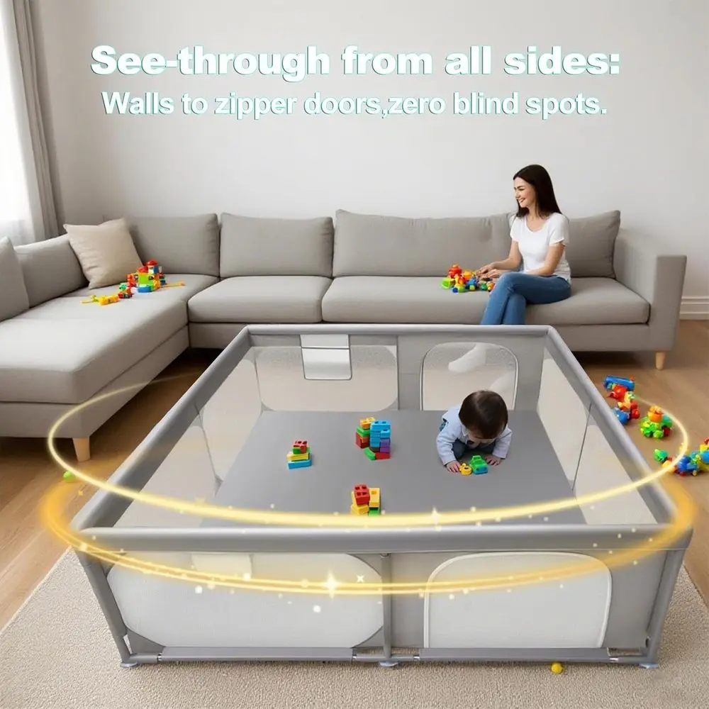 Extra Large 79 Playpen for Kids, Safety Fence with Dual Zippered Doors, Mesh Pockets, Transparent Sides