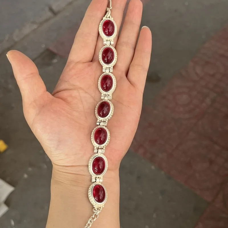 Antique Vintage Copper -Plated Tibetan Silver Bracelet Inlaid With Rubies