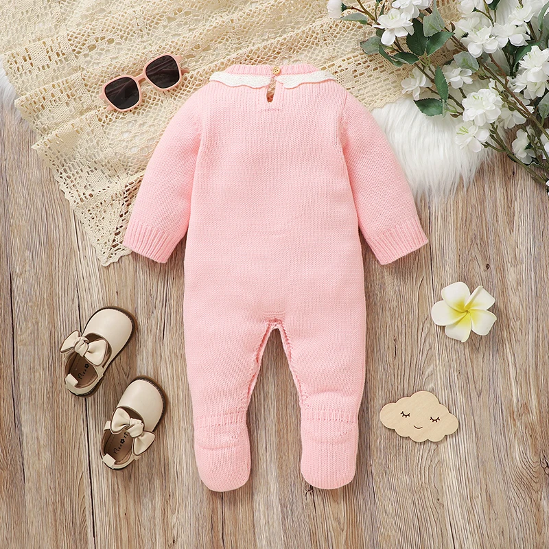 Baby Rompers Knitted Newborn Girls Jumpsuit Long Sleeve Foot Wrap Infant Kid Clothes 0-9M Fashion Solid Cute Bow Overalls Autumn