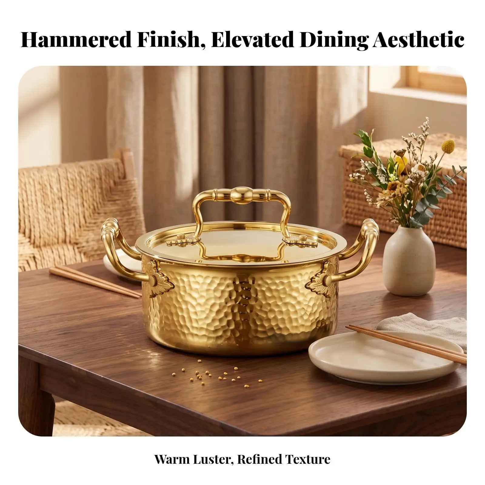 Rust Resistant Cooking Vessel Single Serving Steel Hot Pot with Botanical Side Handles and Matching Lid