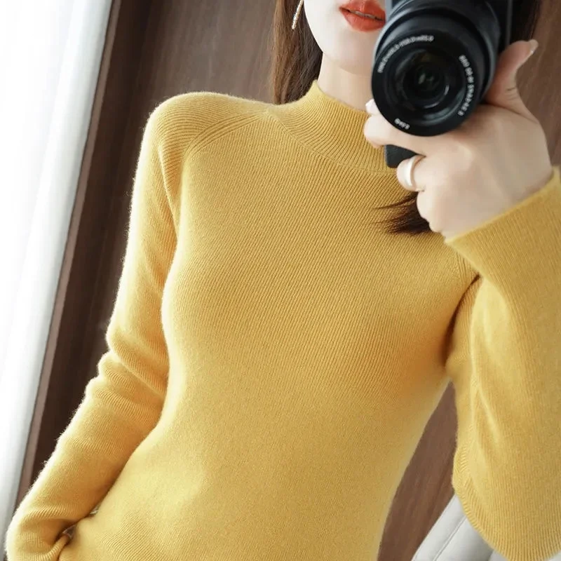 Herbst Winter Mock Neck Frauen Pullover Vintage Basic solide Strick oberteile lässig schlanke Pullover koreanische Pullover einfache schicke Pullover