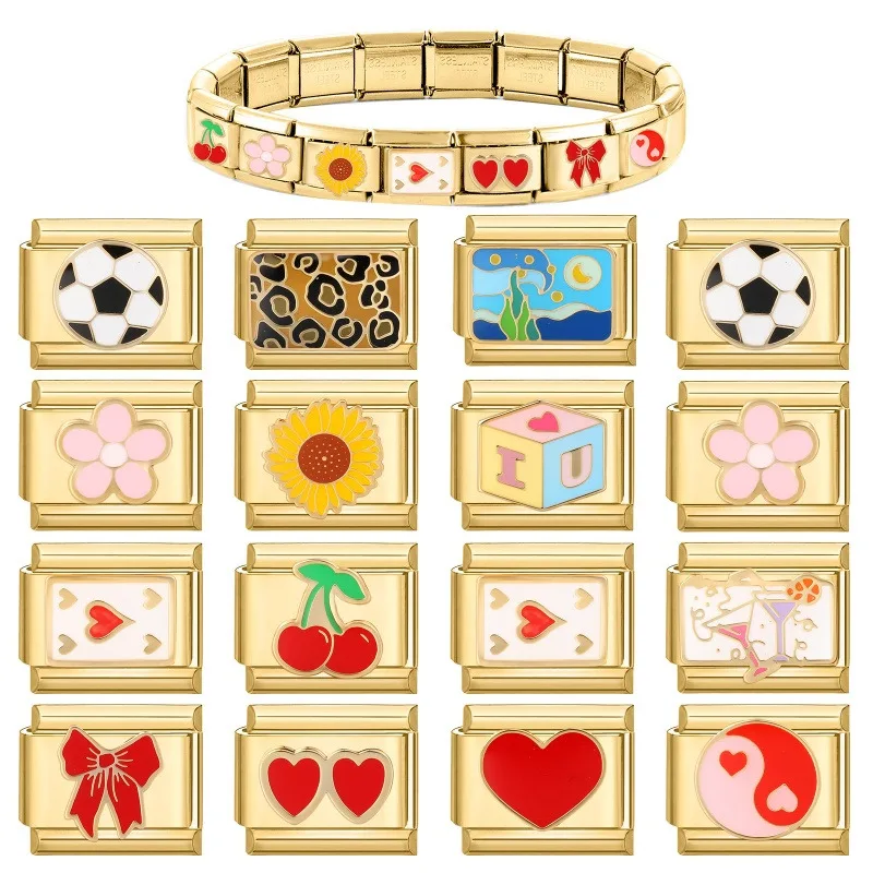 روابط إيطالية بتصميم زهرة الشمس والقلب والكرز وكرة القدم والفهد بلون ذهبي تناسب أساور 9 مم من الفولاذ المقاوم للصدأ للرجال والنساء لصنع الهدايا يدويًا