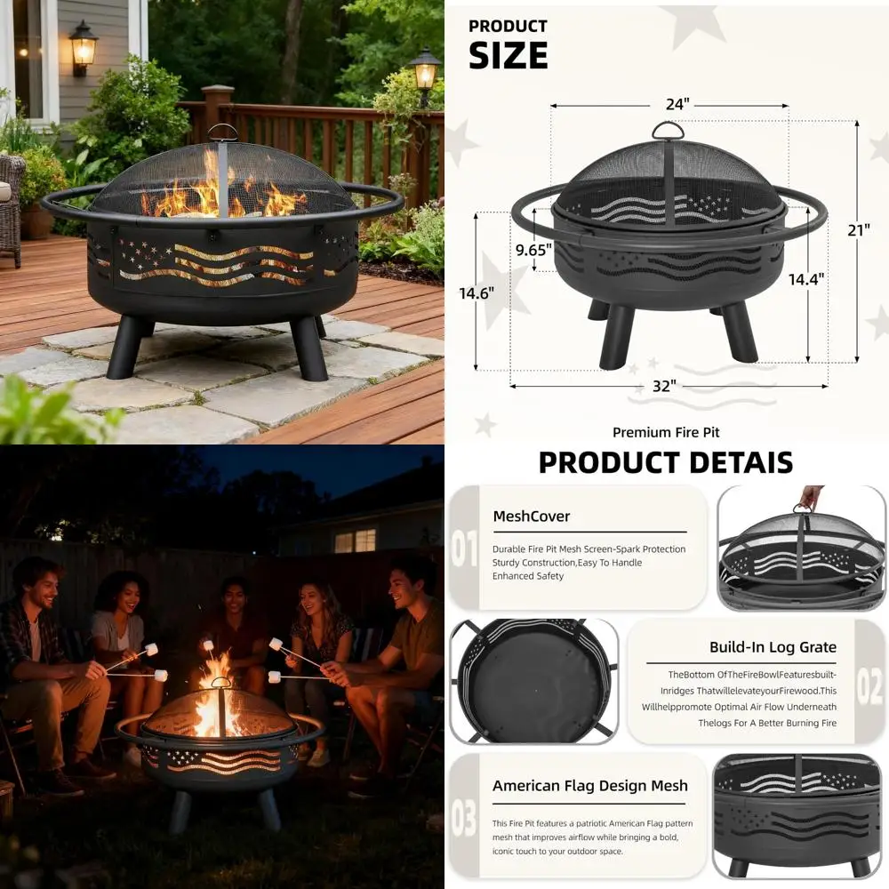 

32 Inch Round American Flag Fire Pit with Mesh Cover and Poker for Outdoor Wood Burning in Patio and Garden