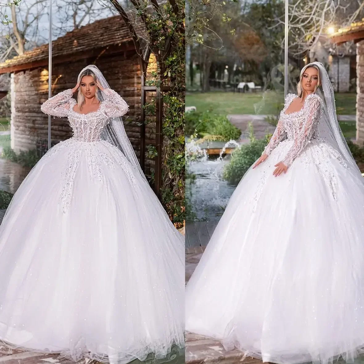 

Customized Square Neck Appliques Pearls Wedding Dresses Sweep Train Tulle Vestido De Casamento Long Sleeves Puffy Bridal Gown