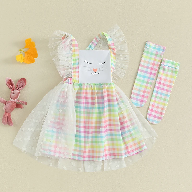 Wankitoi Infant Toddler Baby Girl Easter Outfit Bunny Romper Dress Tulle Sleeveless Lace Dress Socks Baby Girl Clothes