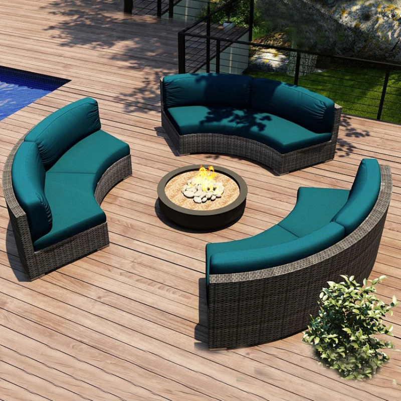 Sofá de mimbre para patio y jardín, conjunto de muebles semicirculares para ocio al aire libre, terraza, combinación Divani