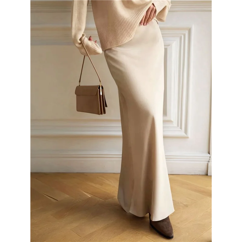 AOAO-jupes longues taille haute en satin pour femmes, jupe longue trapèze zippée