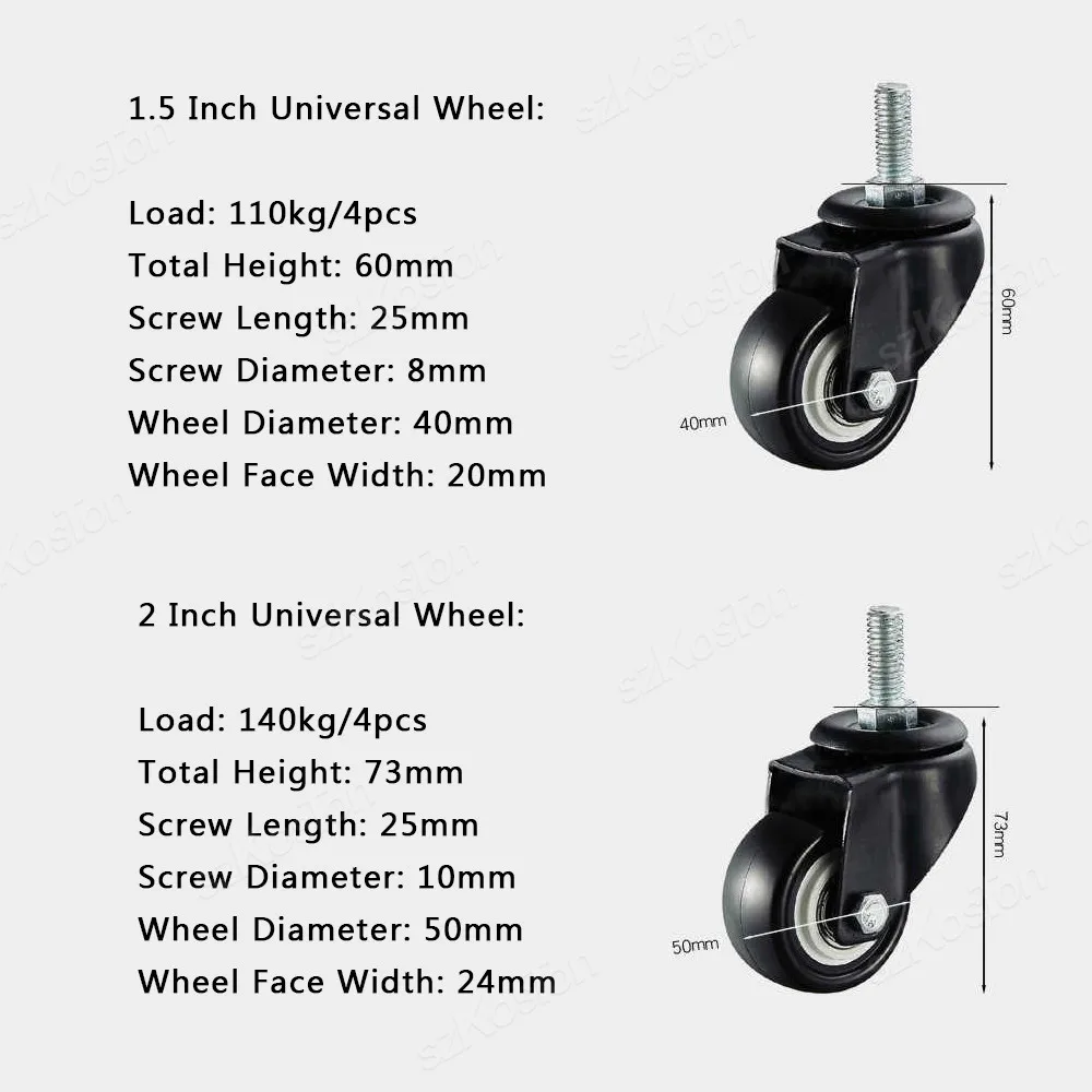 4pcs/kit Furniture Casters 1.5/2Inch M8/M10 Thread Stem Swivel Wheels Without/with Brakes Heavy Duty Coffee Table Chair Bin Cart image 6