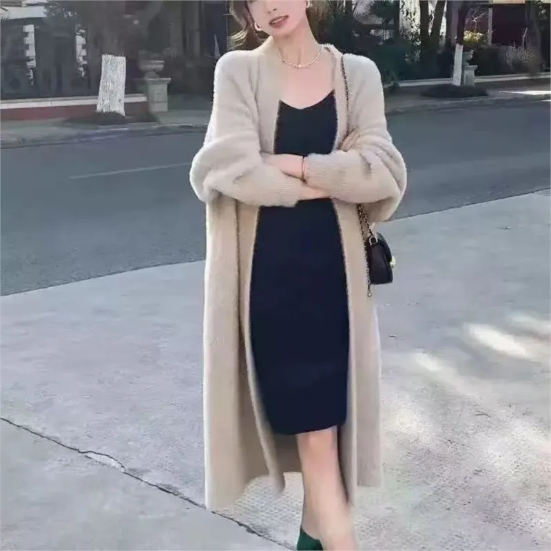 

Autumn/Winter Lazy Style Warm Knee Length Cardigan Pure Imitation Mink Fleece Knitted Sweater New Women Long Sleeve Fluffy Coat