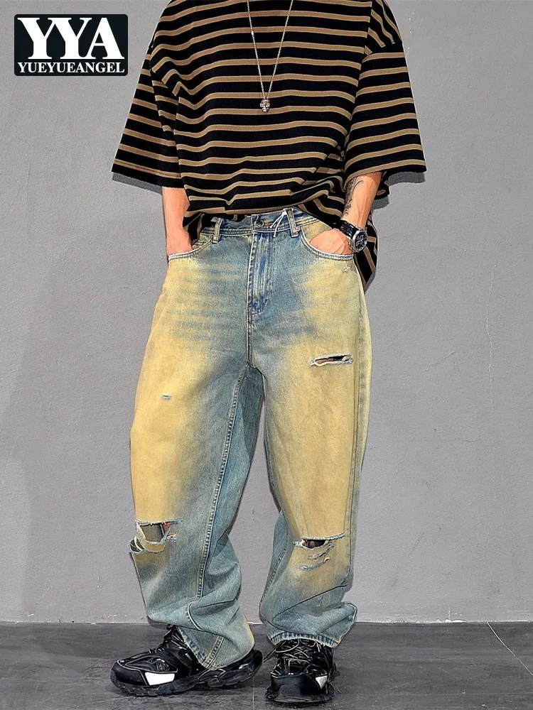 

Потертая уличная одежда, мужские джинсы в стиле хип-хоп, рваные дырки, свободный крой, модные джинсовые брюки, повседневные индивидуальные прямые длинные брюки