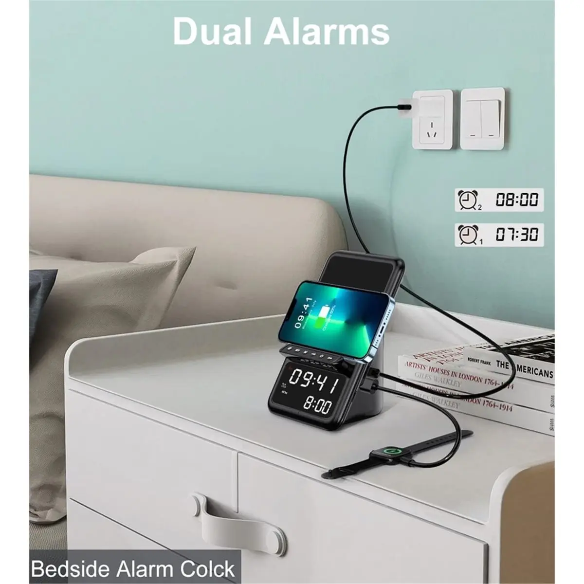 A32I Wireless Charging Station with Bluetooth Speaker and Alarm Clock,Wireless Charger for IPhone,Android Phones