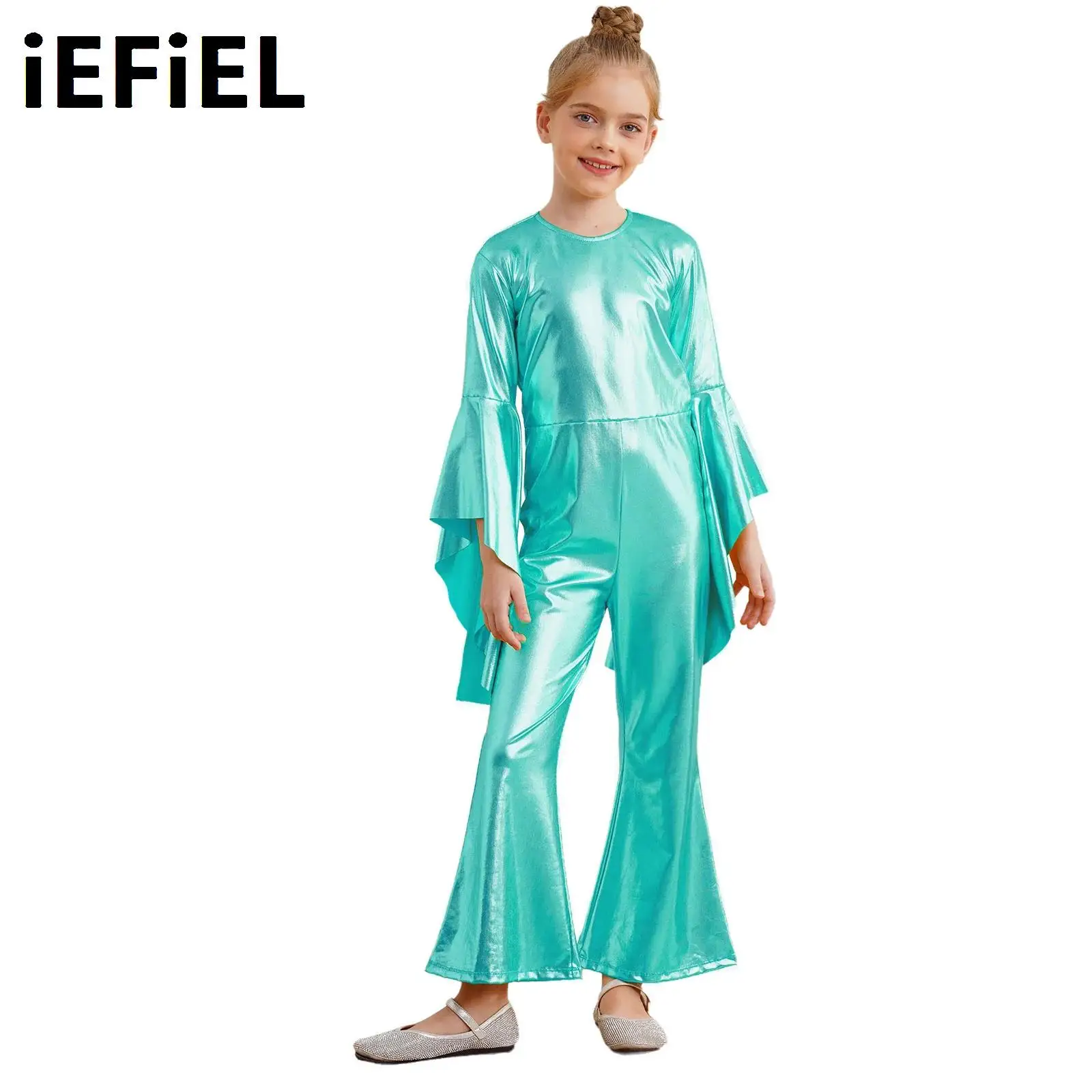 

Kids Girls Metallic Rompers Round Neck Flare Sleeve Bell-Bottom Jumpsuits Stage Performance Costume