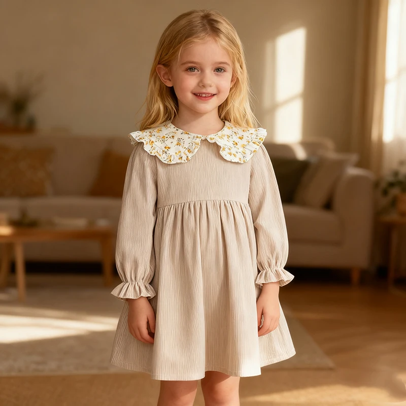خريف جديد الفتيات فستان 1-6Y دمية الرقبة سروال قصير الزهور فستان الربيع الأطفال الفتيات طويلة الأكمام الأميرة موضة فستان لطيف
