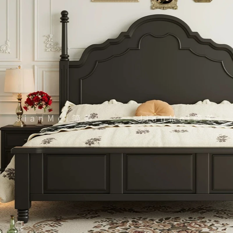 Full Size Wooden Bed Vintage Black Minimalist French Sleeping Bed Bedroom Home Furniture view 6
