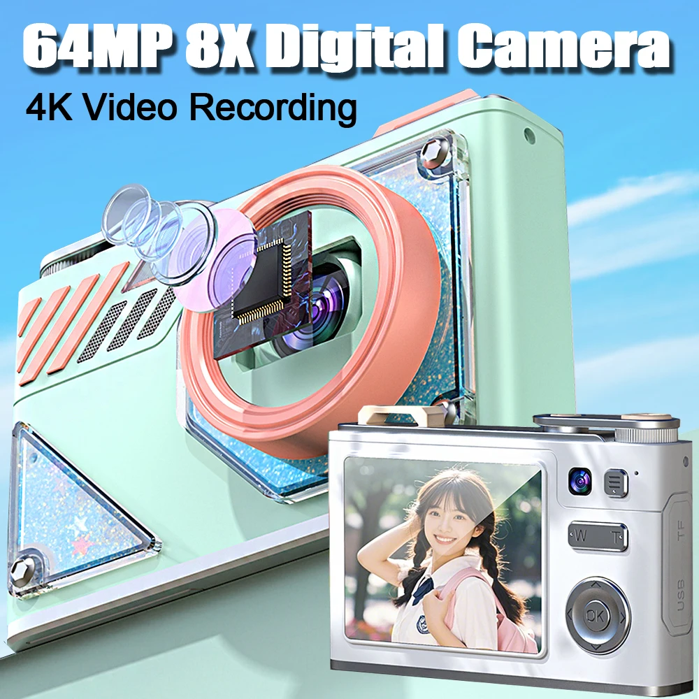 

4K Digital Camera 64MP Digital Photography Camera 180°Flip Screen CCD for Children Compact Selfile Camera 8X Digital Zoom RENEAR