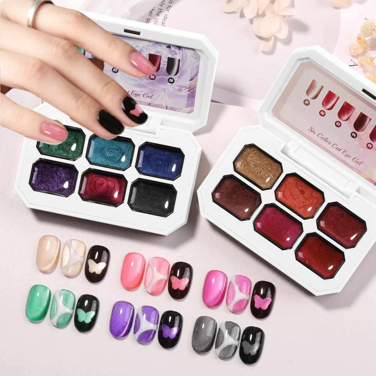 

6-Grid Manicure New Trendy Cat Eye Series Solid Gel, Colorful Cat Eye Gels for Fashionable Salon Art Designs, Shiny Finish