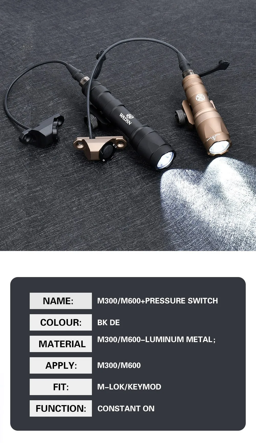 Wadsn M600C M300 Tactical Flashlight With Hot Button Remote Pressure Switch Fit Mlok Keymod Rail Airsoft Hunting Scout Lamp