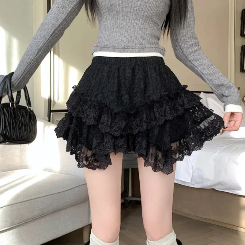 Summer Fragrance 2024 Women's New Spliced Elasticized Irregular Lace Fashion Solid Color Slim Minimalist Casual Cake Skirts