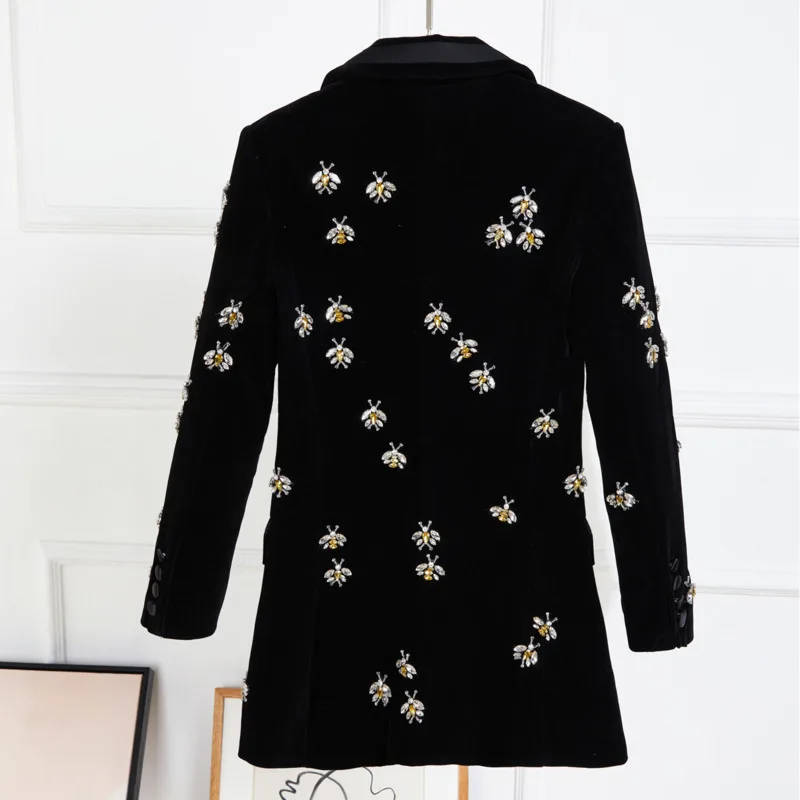 CHUJIE 2025 Spring Autumn Women's Long Velvet Blazer With Bee Embroidery & Beaded Detailing – Elegant Office Dinner Jacket