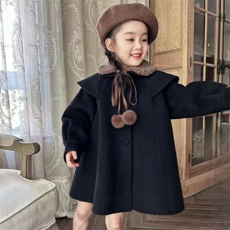

Girls Woolen Coat Jacket Windbreak 2025 Fuzzy Warm Thicken Winter Cotton Overcoat Teenagers Children's Clothing