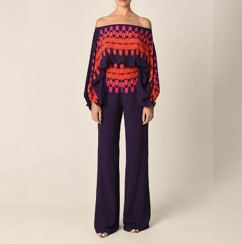 2025 Spring New Suit European and American Fashion Printed One Shoulder Loose Bat Sleeve Waist Wide Leg Pants Fashion Suit