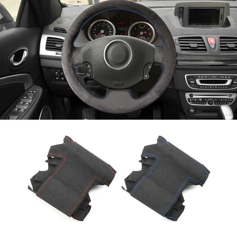 For Renault Megane 2 2003-2008 Kangoo 2008 Scenic 2 2003-2009 Hand-stitched Suede Leather Car Interior Steering Wheel Cover Trim