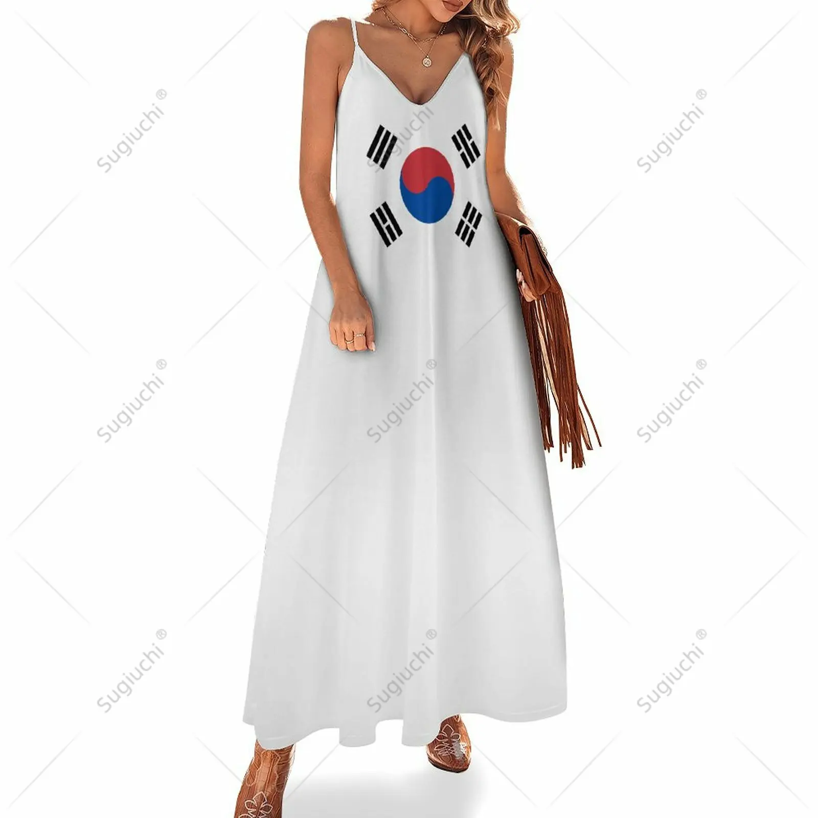 

Long Dresses Dress South Korea Flag Print New Casual Sleeveless Women's V-Neck Printed Dress Swing Retro Dresses