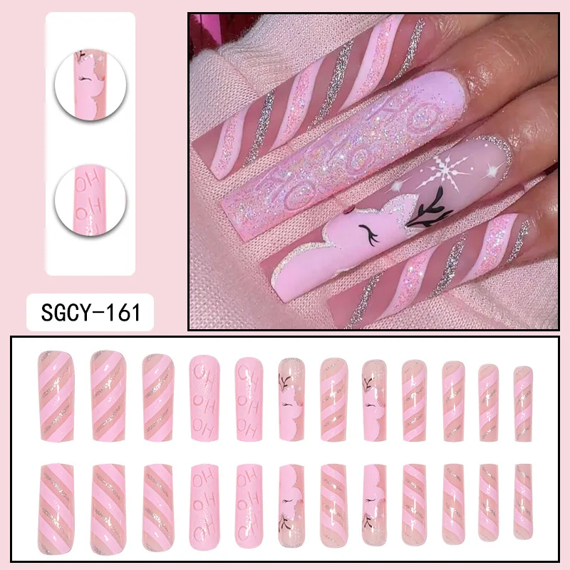 A set of 24 pieces of various styles of fake nail glitter, including press on nails, 1 jelly gel, and 1 rubbing strip