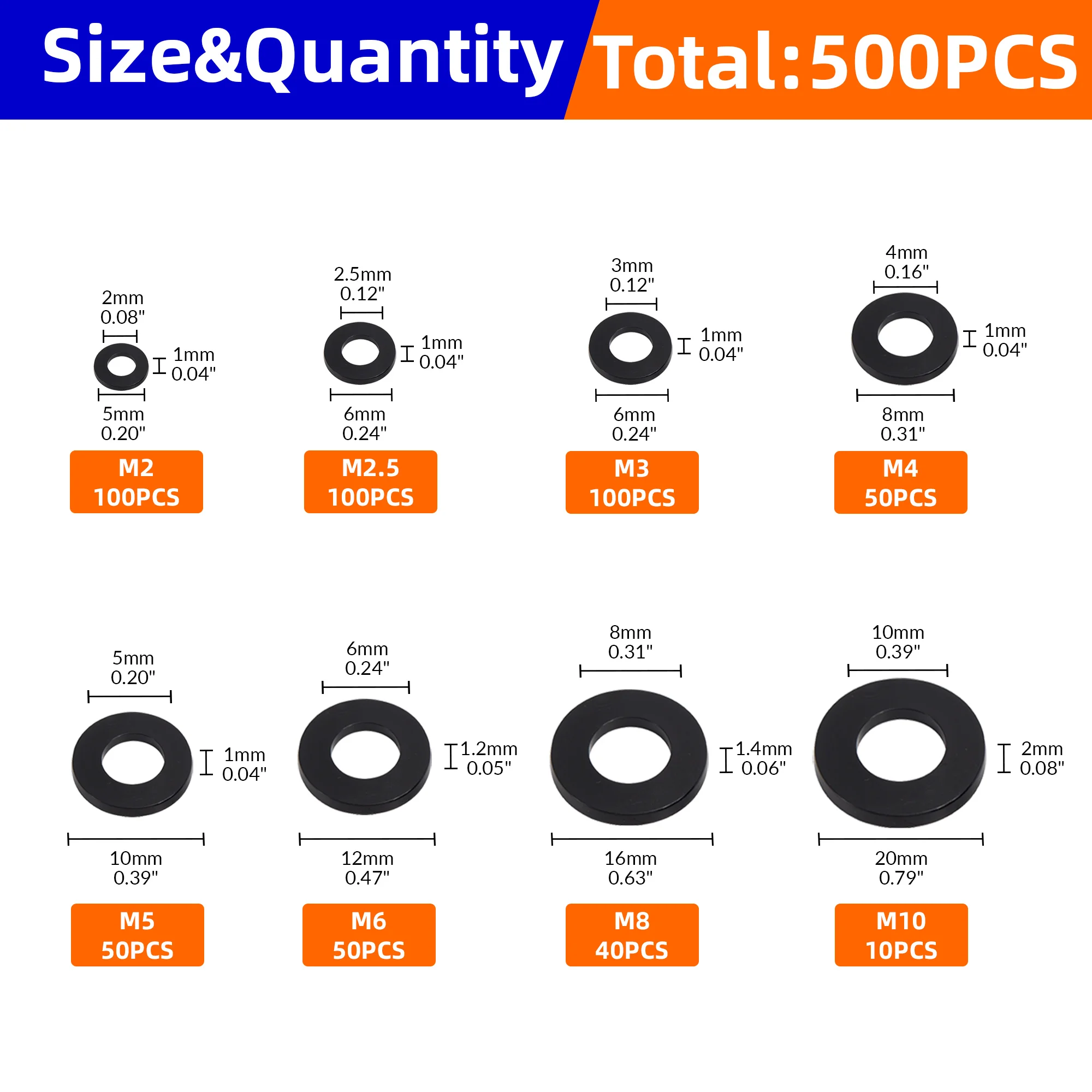 500PCS 8 Sizes M2-M10 Black Nylon Flat Washers Assortment kit M2 M2.5 M3 M4 M5 M6 M8 M10 Plane Spacer Insulation Gasket Ring