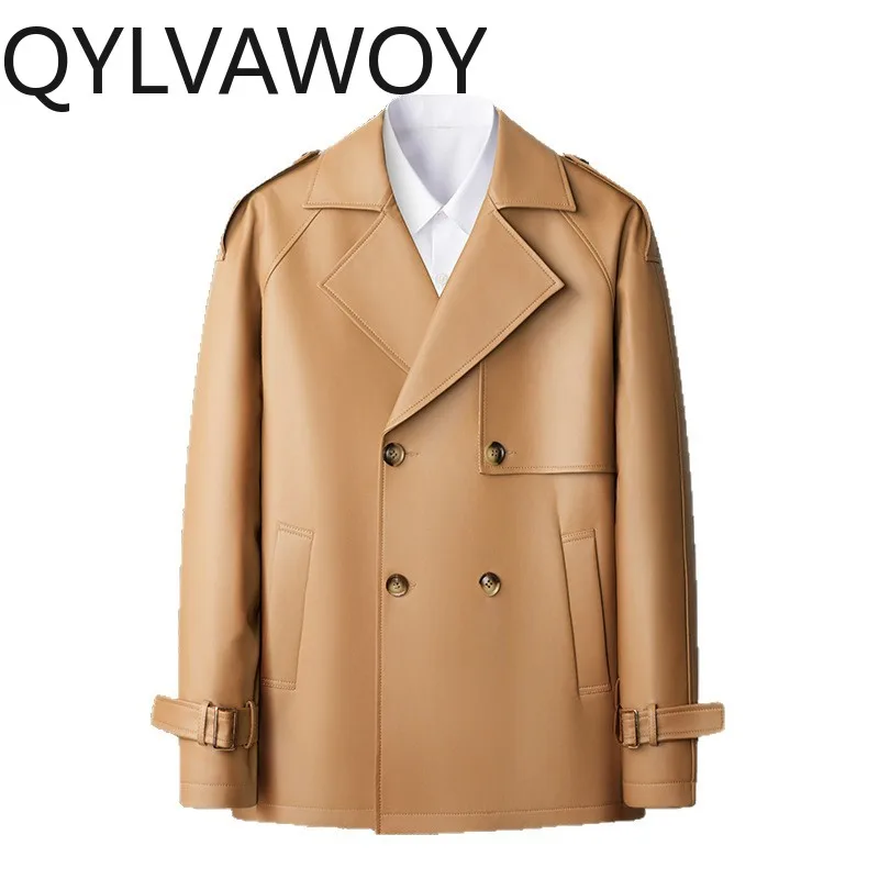 

Кожаная куртка QYLVAWOY из овчины для мужчин, однотонная, осенне-зимняя, короткая, свободного кроя, в корейском стиле