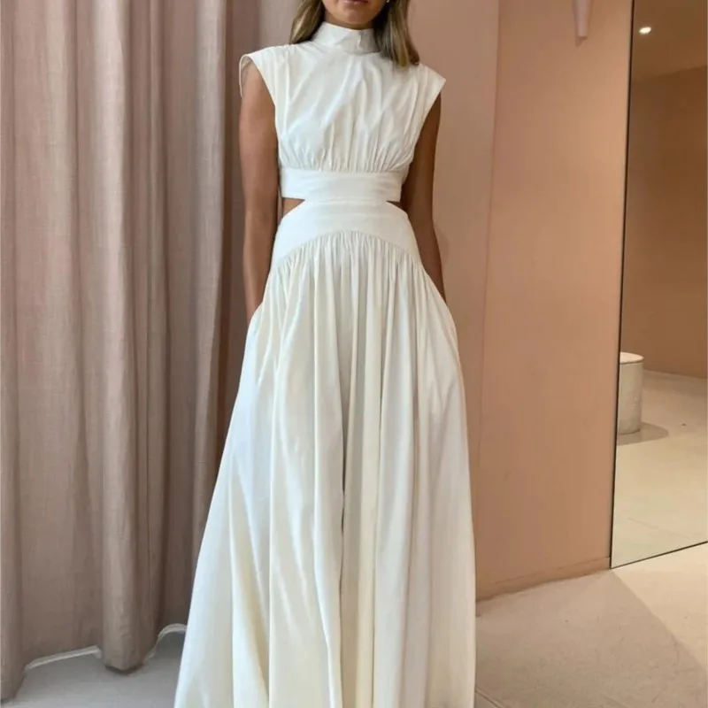 Vacation Style White Waist Hollow Sexy Exposed Waist Pleated Large Vestidos Elegant Women's Fashionable Sleeveless Maxi Dresses 