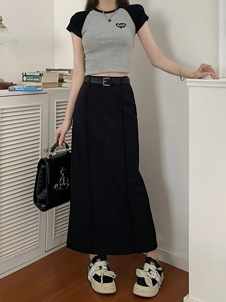 S-XL3Colors Women Long Skirt Spring Summer 2023 Korean Style High Waist Skinny Pencil Suit Long Skirts Female+belt(75098