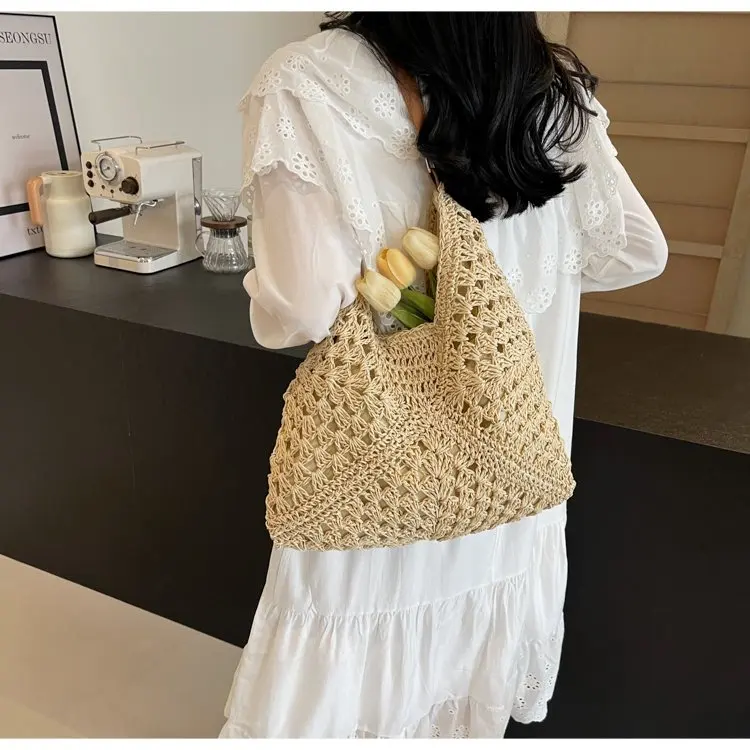 YOUDEYISI Handmade Crochet Cotton Thread Hollow Square Flower Tassel Literary Style Straw Weaving Shoulder Handbag Women\'s Bag