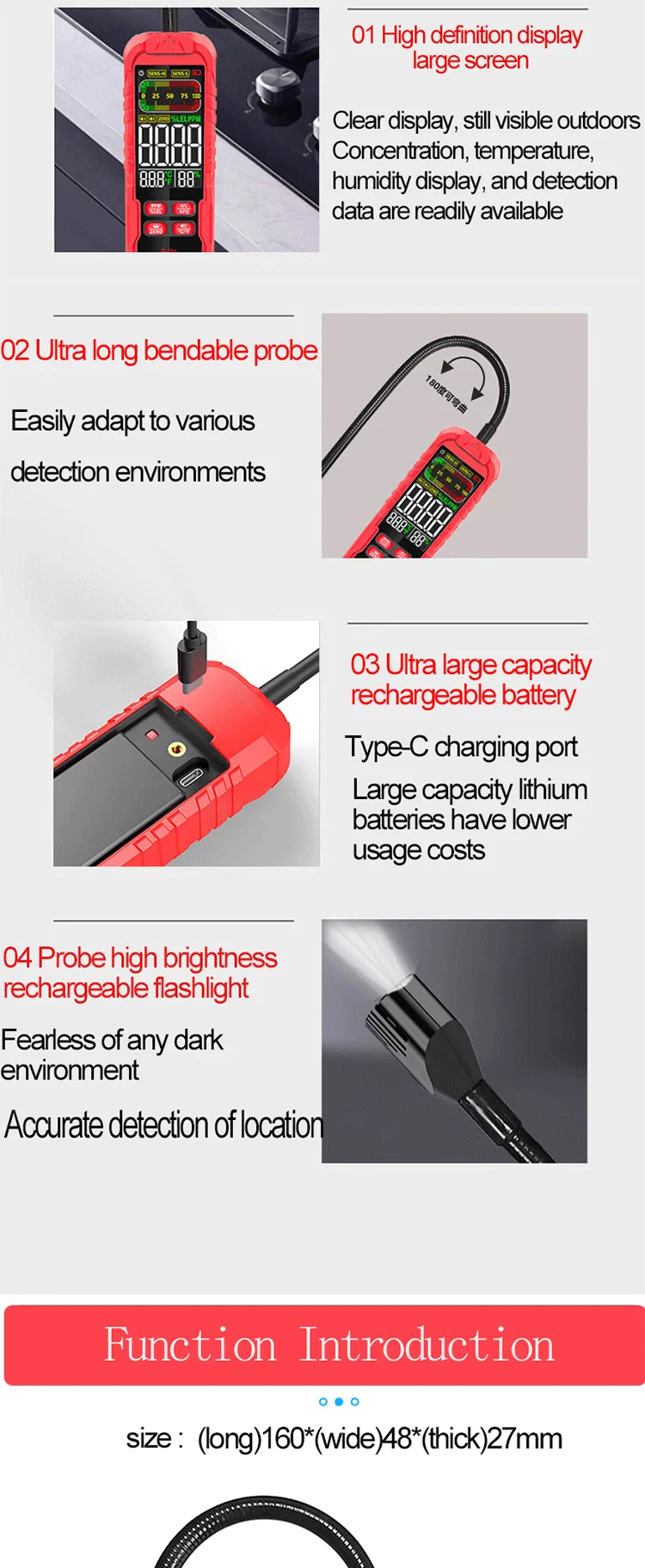 Detektor für brennbare Gase, tragbares Lademodell, Erdgas, Kohlegas, Leckagealarm, Lufttemperatur- und Luftfeuchtigkeitstest, 1 Set – Detail 10