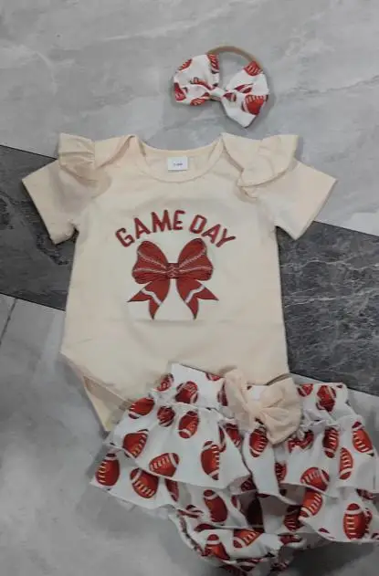 

Baby Girls Summer Shorts Outfits Flying Sleeve O Neck Romper Rugby Print PP Shorts Headband Sets