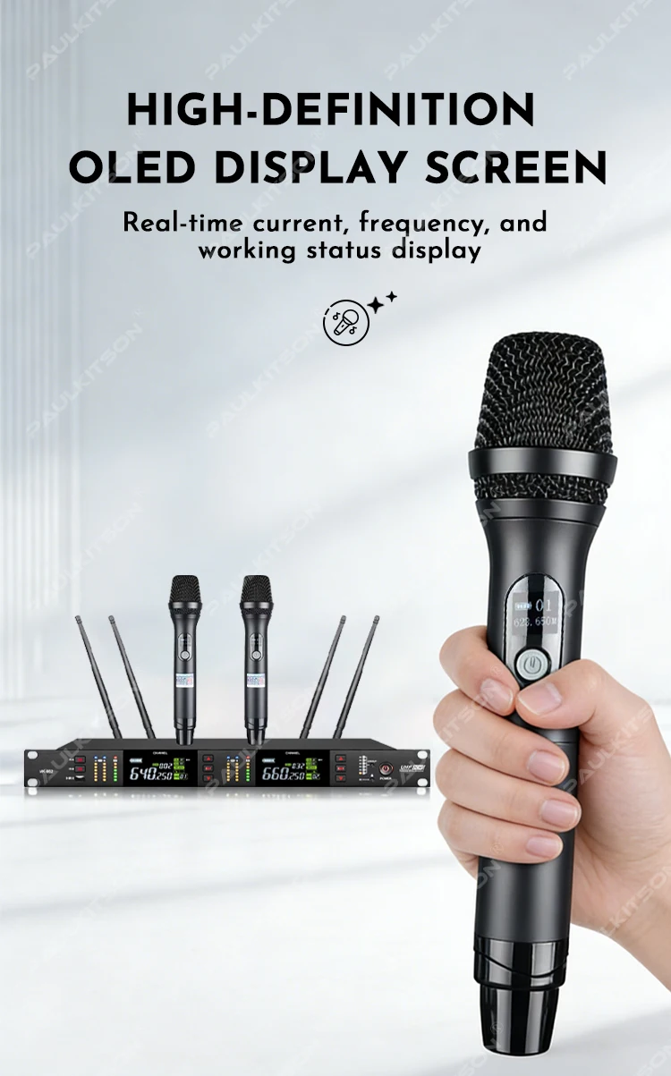 MK952 Dual-Handmikrofon mit True-Diversity-Technologie, 640-690MHz UHF, LCD, Stabiles Signal, Professionell für Bühne, Karaoke, Heim und Live-Einsatz – Detail 7