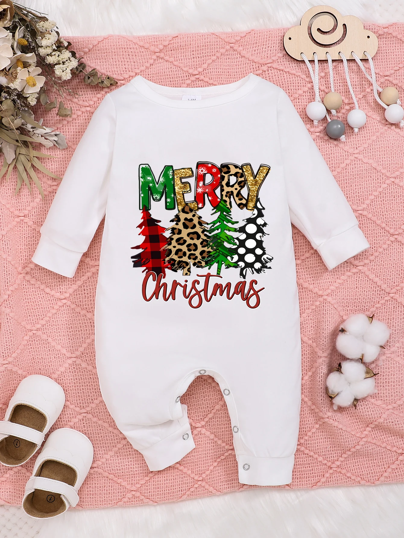 2024 New Year Christmas Autumn And Winter Children\'S Onesie Christmas Tree Print Casual Crewneck Long Sleeve Trousers Bodysuits