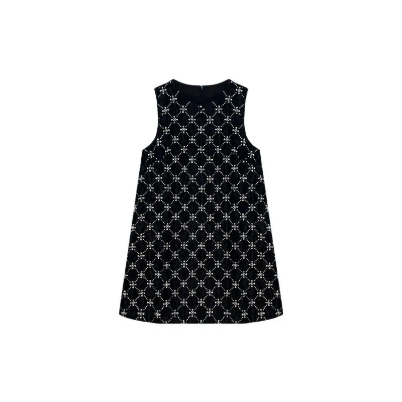 French Heavy Industry Bead Decoration Diamond Grid Sequin Sleeveless A-line Dress Summer Women Small Fragrance Tank Top Dresses