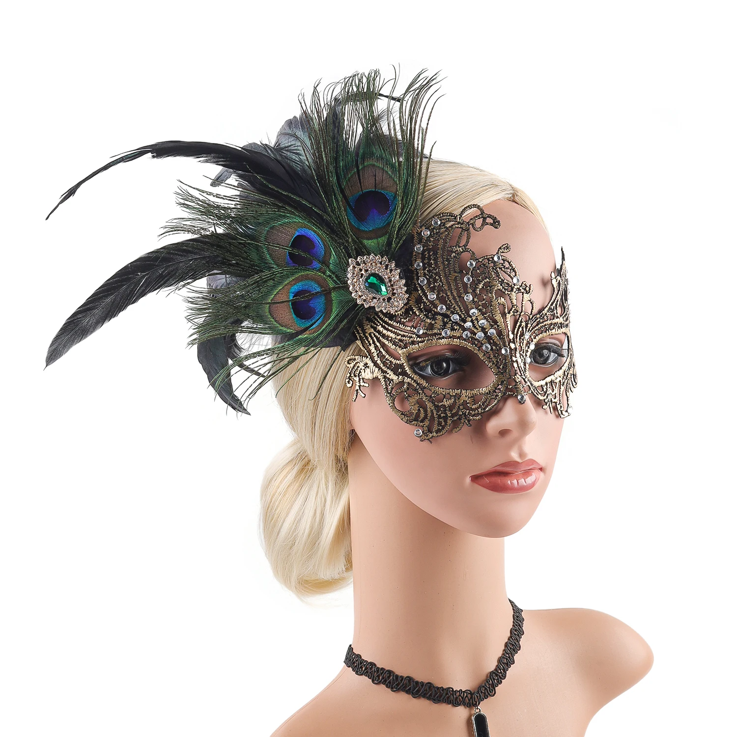 قناع كرة ريش الهالوين المثير مع قناع حجر الراين قابل للفصل للحفلات - مقاس البالغين
