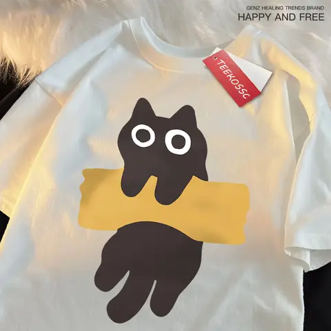재미있는 접착 테이프 고양이 프린트 일본 스타일 반팔, 남녀공용 면 오버사이즈 티셔츠, 오버사이즈 O넥 상의 티, 신상