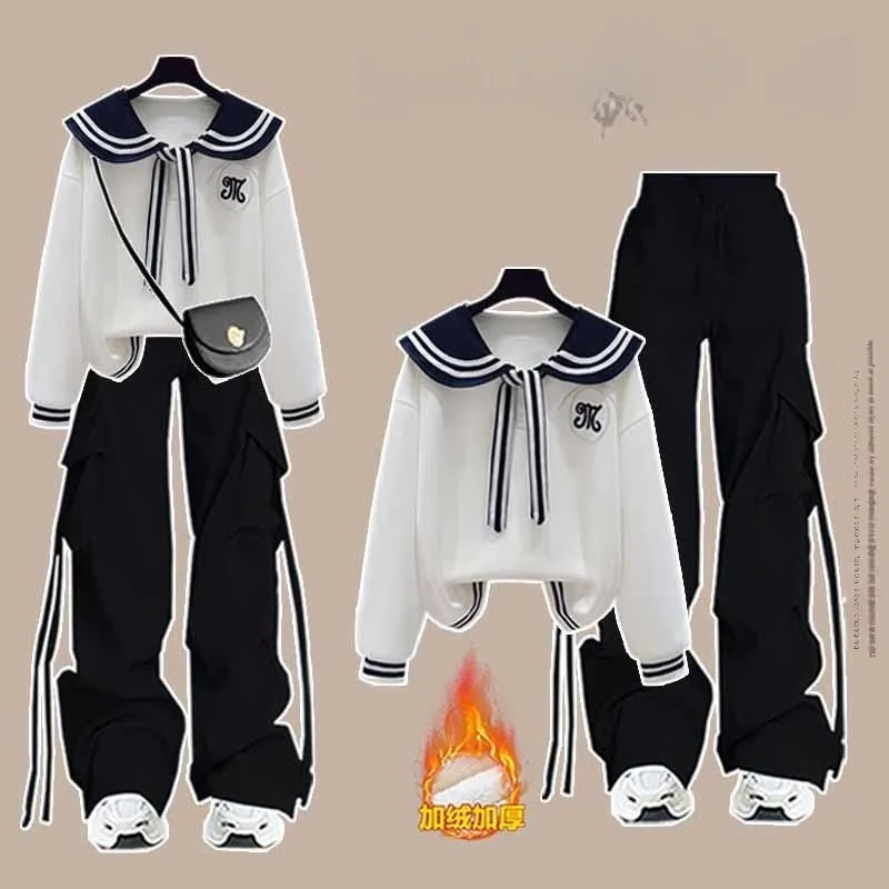 

Утепленный флисовый комплект с воротником-стойкой: женский зимний теплый свободный топ и широкие брюки, комплект из двух предметов в университетском стиле, повседневная спортивная одежда