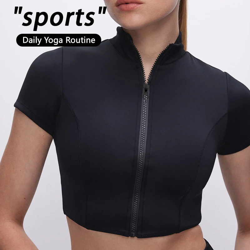 

Женская укороченная куртка для йоги с коротким рукавом и молнией, воротником-стойкой, эластичная, дышащая, быстросохнущая, легкая, для тренировок в спортзале и бега