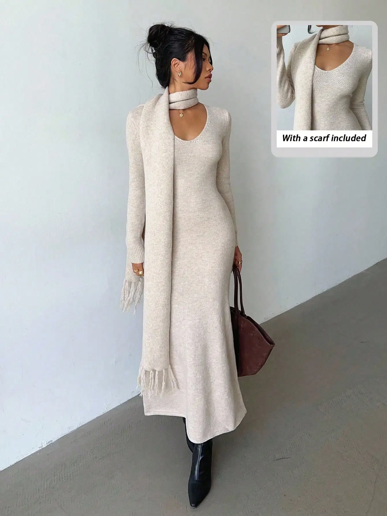 

Светло-абрикосовое трикотажное платье миди с V-образным вырезом и шарфом с кисточками, осенне-зимний повседневный элегантный стиль