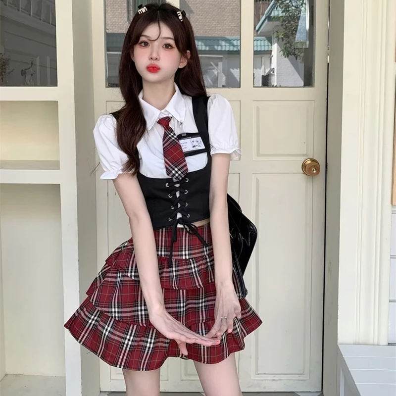 Summer Women College Style Uniform Set Chic Design Corset Shirt+Tie Vest+Red Plaid Skirt With Tie School Badge 5 Pcs Set Girls