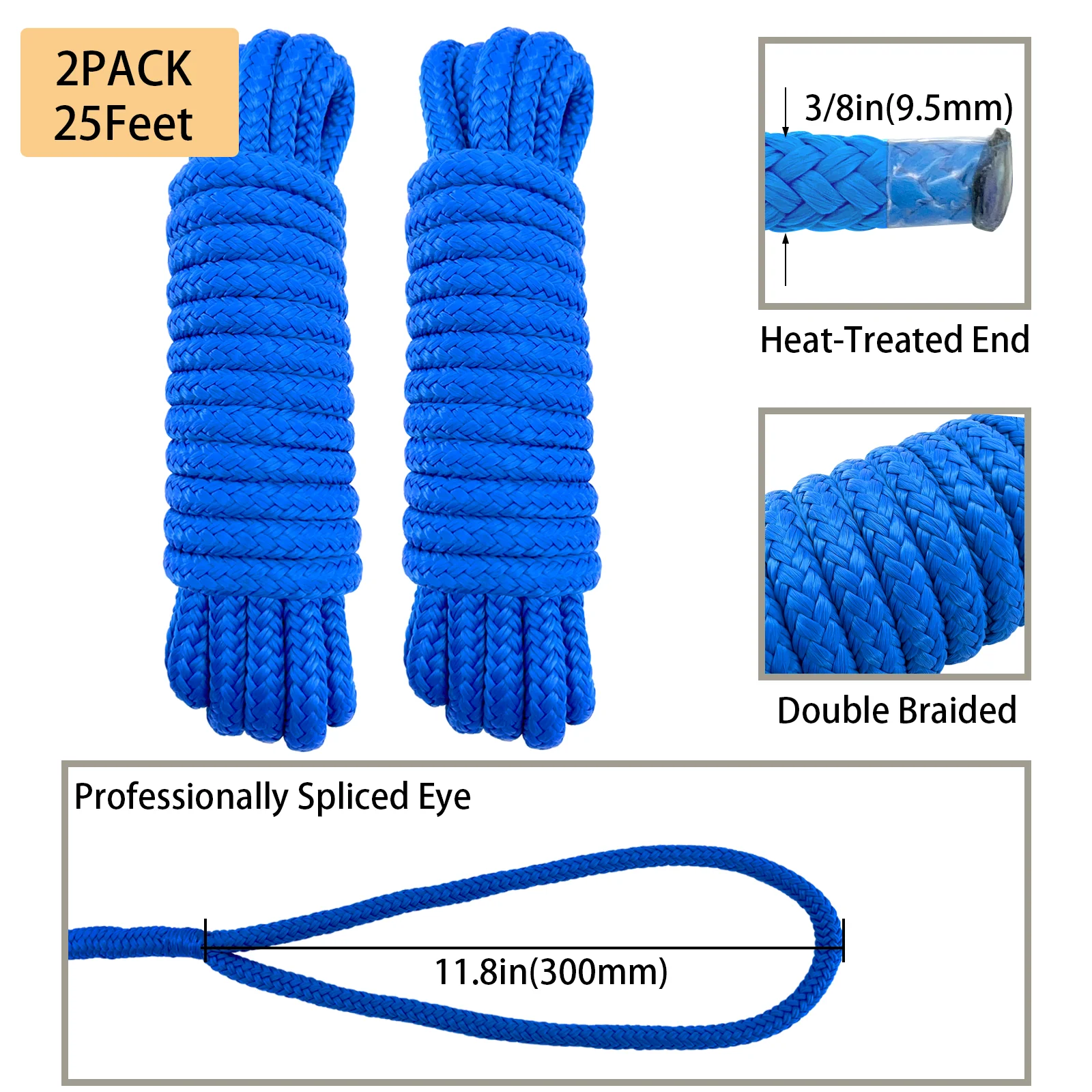 ISURE MARINE 2Pack 3/8” X 25’ Dock Lines Grade Double Braided Anchor Mooring Rope