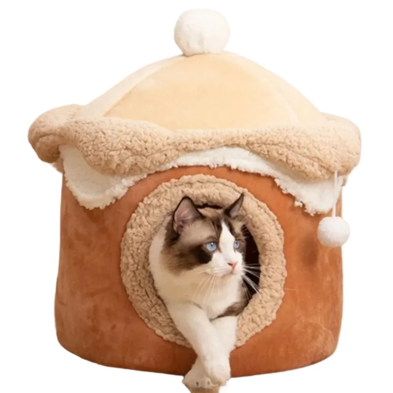 

Cat Dog House Cave Warm Winter Deep Sleep Pet Nest Geometric Ice Cream House Fun Comfort Nest For Medium Brown 48X48cm Durable
