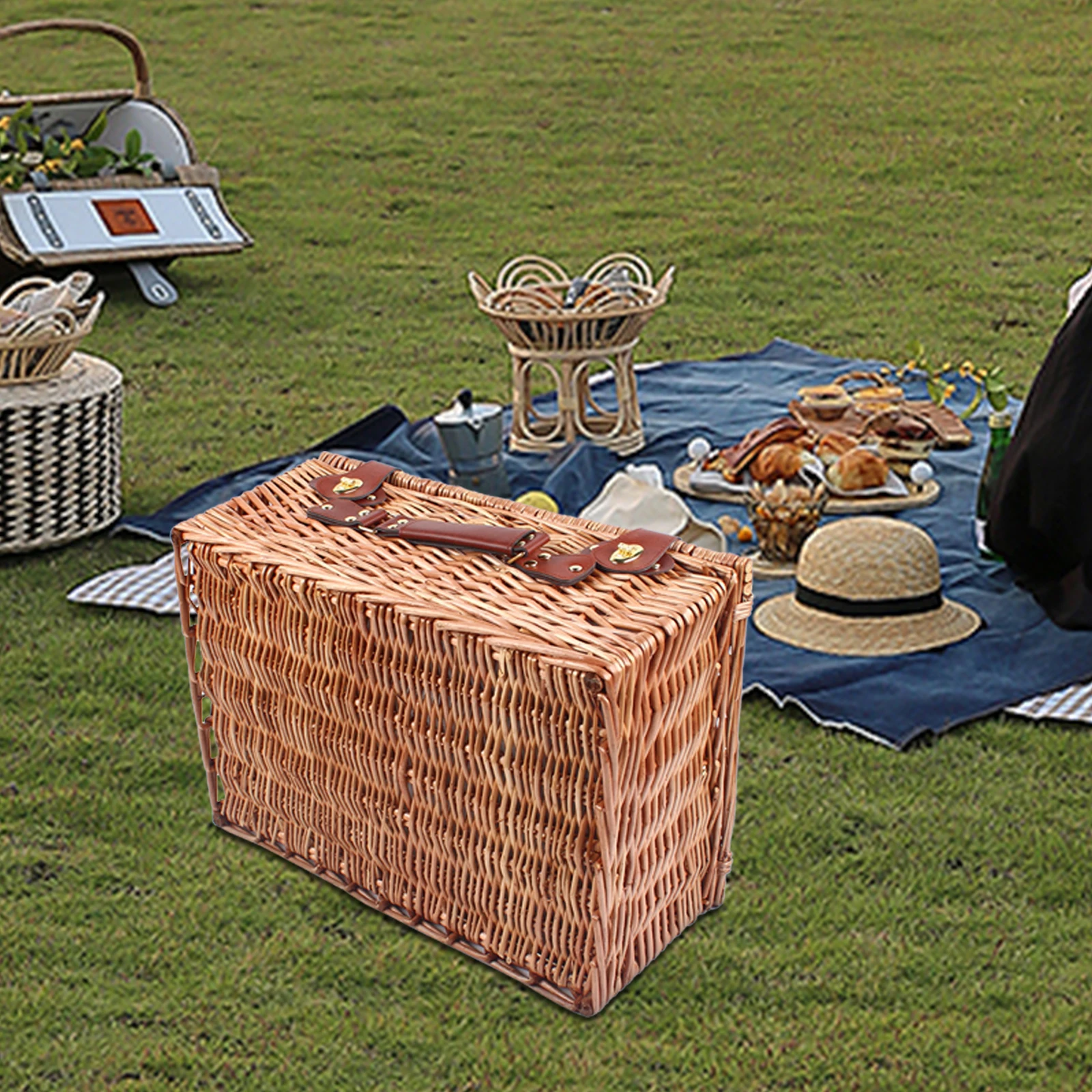 

Large Picnic Basket, Handwoven Storage Bin for Outdoor Indoor, 18x13x8 Inches, Foldable Organizer Box, Beach Camping Essentials