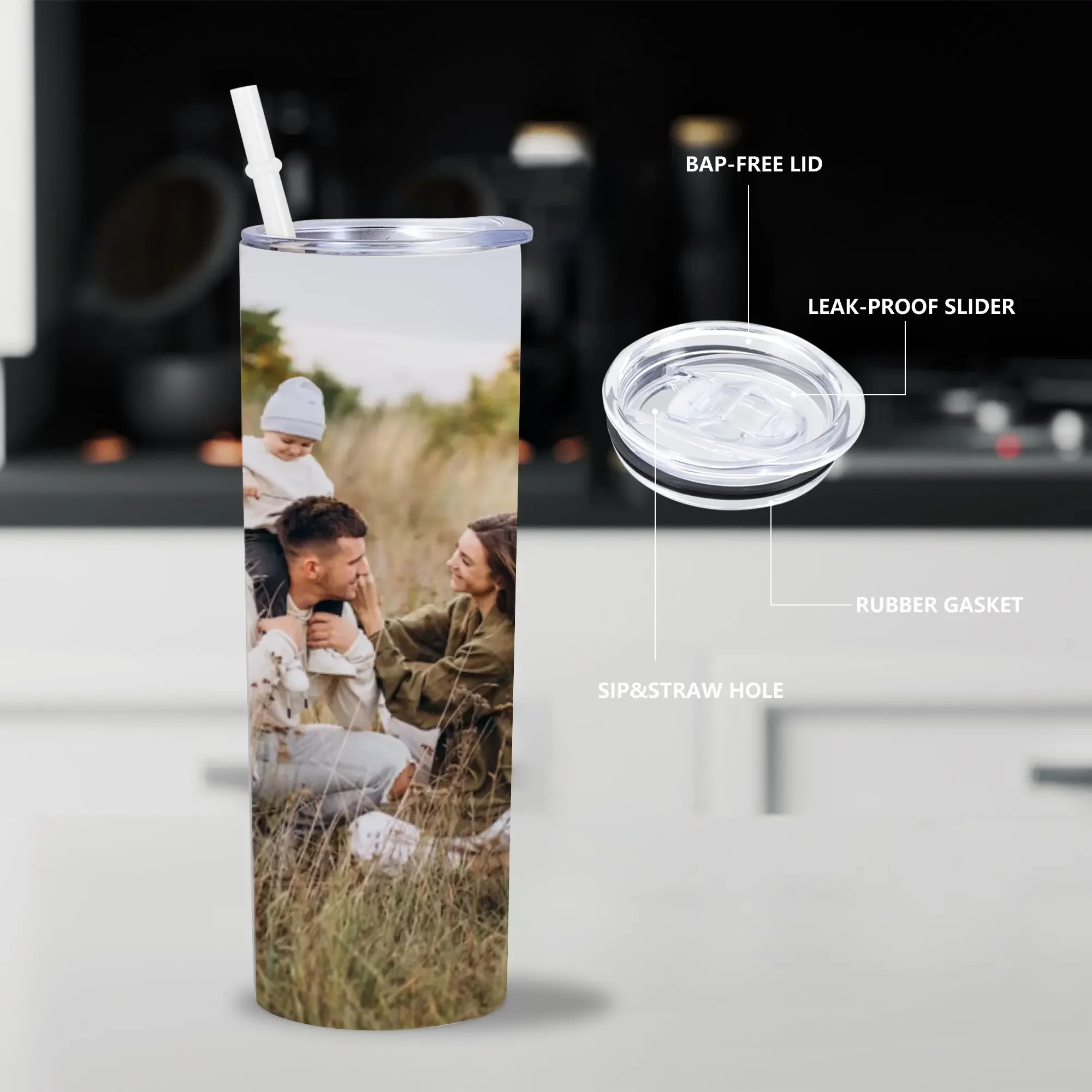 Custom 5 Photo Thermos Cup for Family 20oz Skinny Tumbler with Straw Lid Birthday Gift for Dad Mom Son Daughter Travel Cup