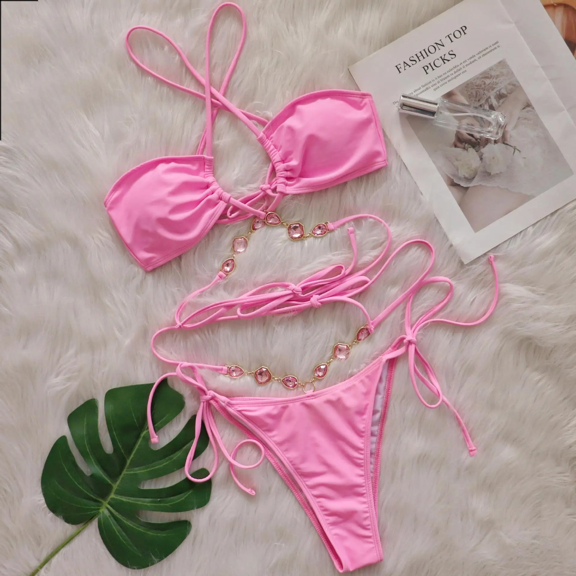 

2025 Summer Women's Diamond Shiny Bikini Criss Cros Pink Swimsuit Set Women's Swimsuit Swimming Suit for Women Maillot de bain