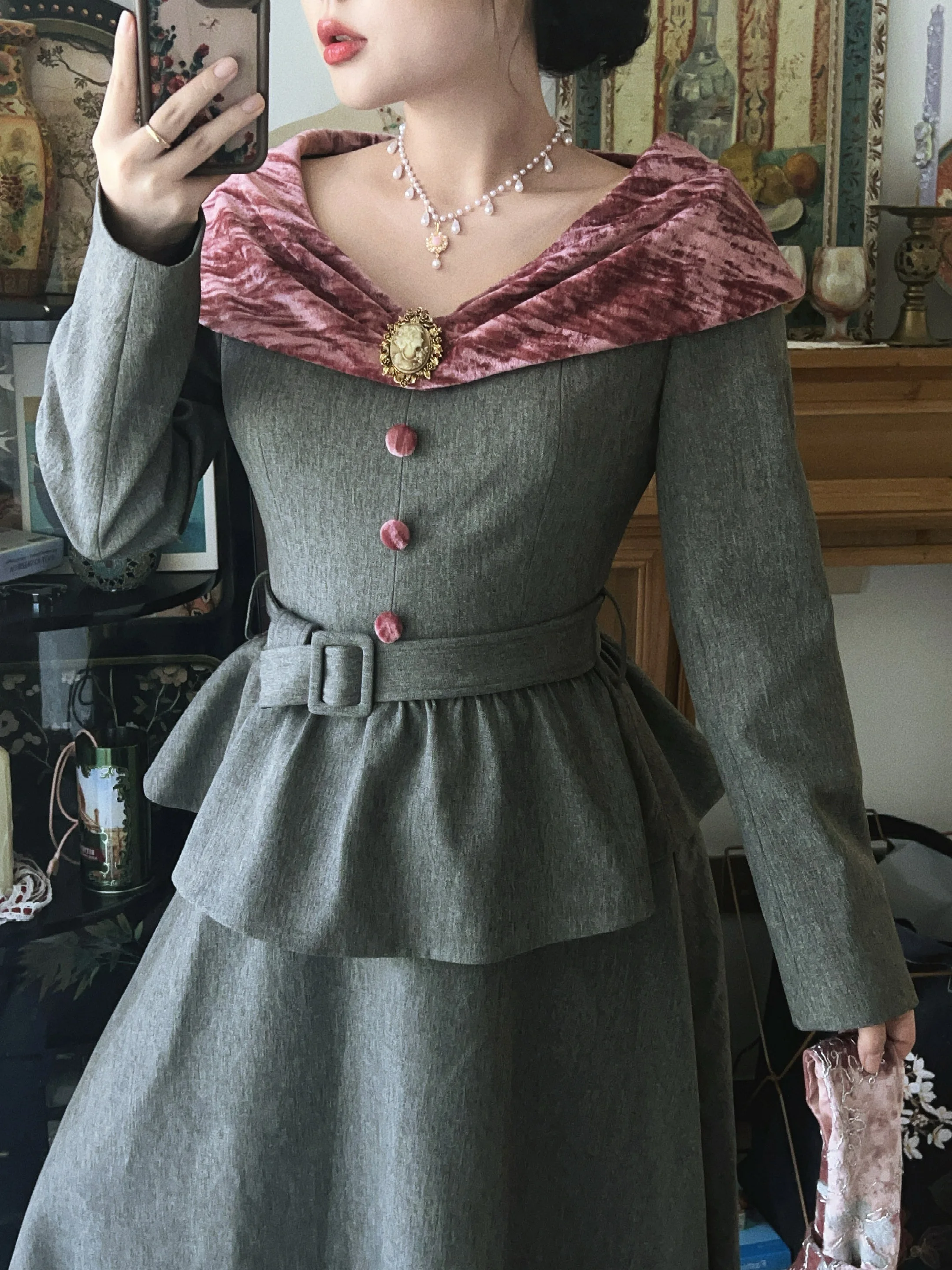 

ay Velvet Patchwork Slimming Fake Two-Piece Dr Carole Takhlo Ball Gown Long Sve A-Line Skirt Single Button Closure